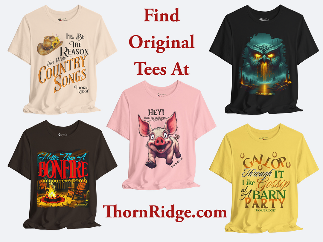 five Thorn Ridge T-shirts ad that says find original tees at thornridge.com