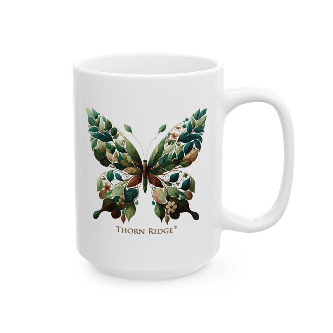 White mug with a leaf butterfly design and 'Thorn Ridge' branding on a white background