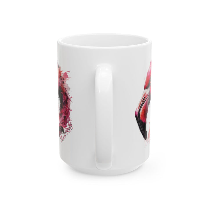 White mug with a hot pink and black flamingo design by Thorn Ridge®