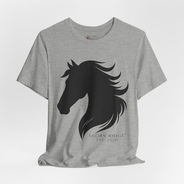 t-shirt with black horse silhouette and 'Thorn Ridge' branding