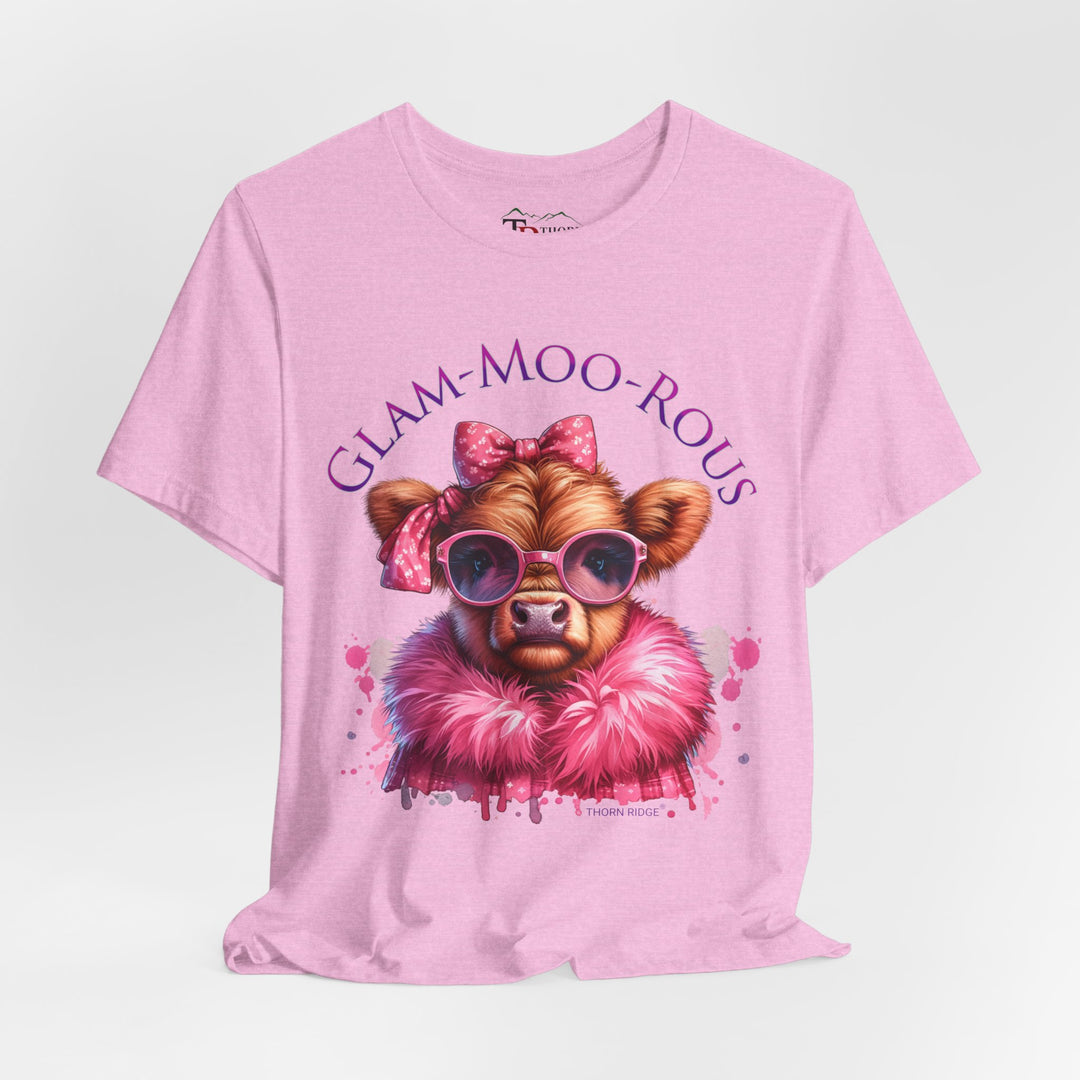 "Glam-Moo-Rous" Graphic Tee with a  Cow in Pink with pink sunglasses and pink bows on her head and a pink boa around her neck. Labeled Thorn Ridge®