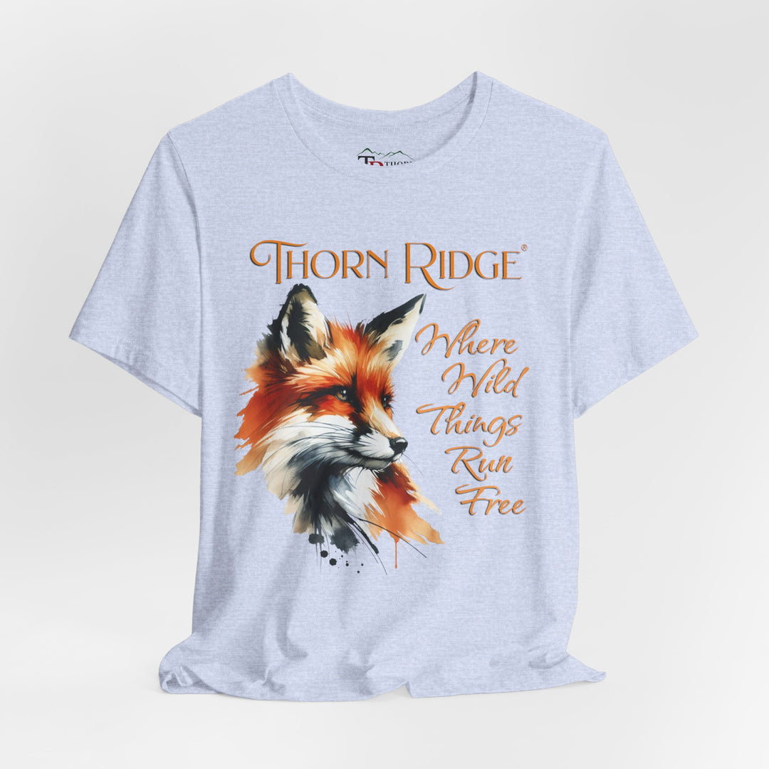 Where Wild Thing Run Free graphic tee with a fox labeled Thorn Ridge®