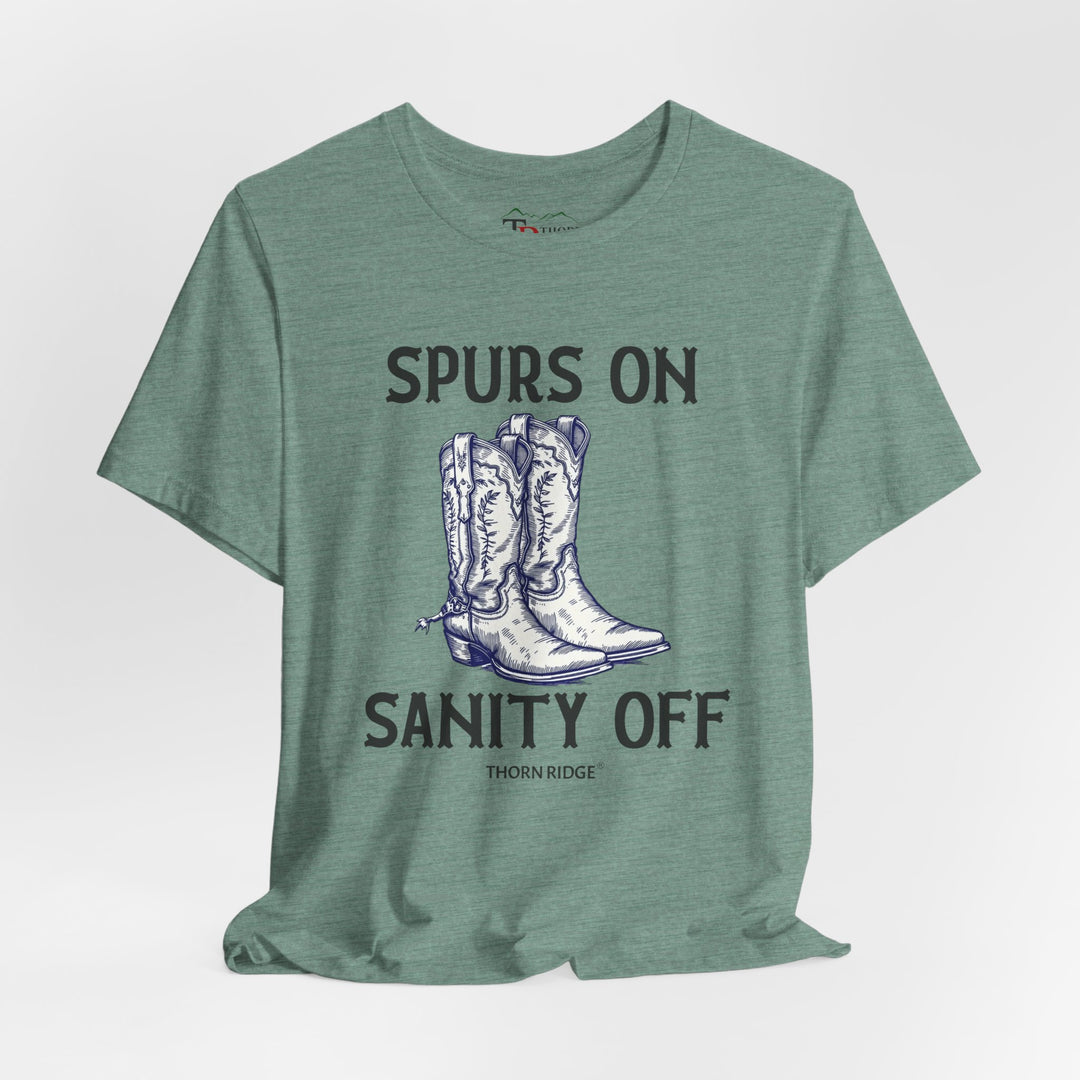 spurs on sanity off graphic tee with cowboy boots labeled Thorn Ridge®