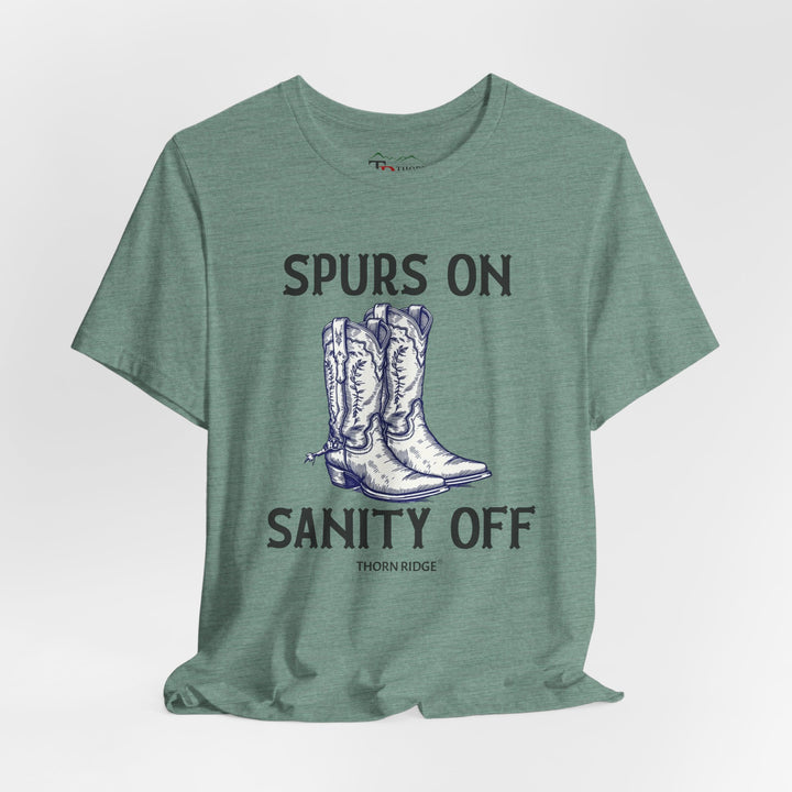 spurs on sanity off graphic tee with cowboy boots labeled Thorn Ridge®