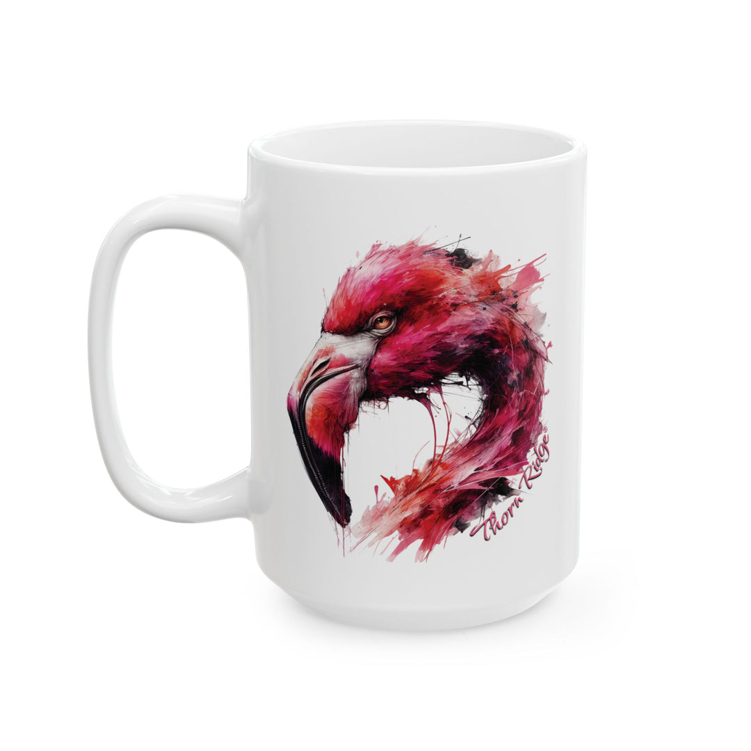 White mug with a hot pink and black flamingo design by Thorn Ridge®