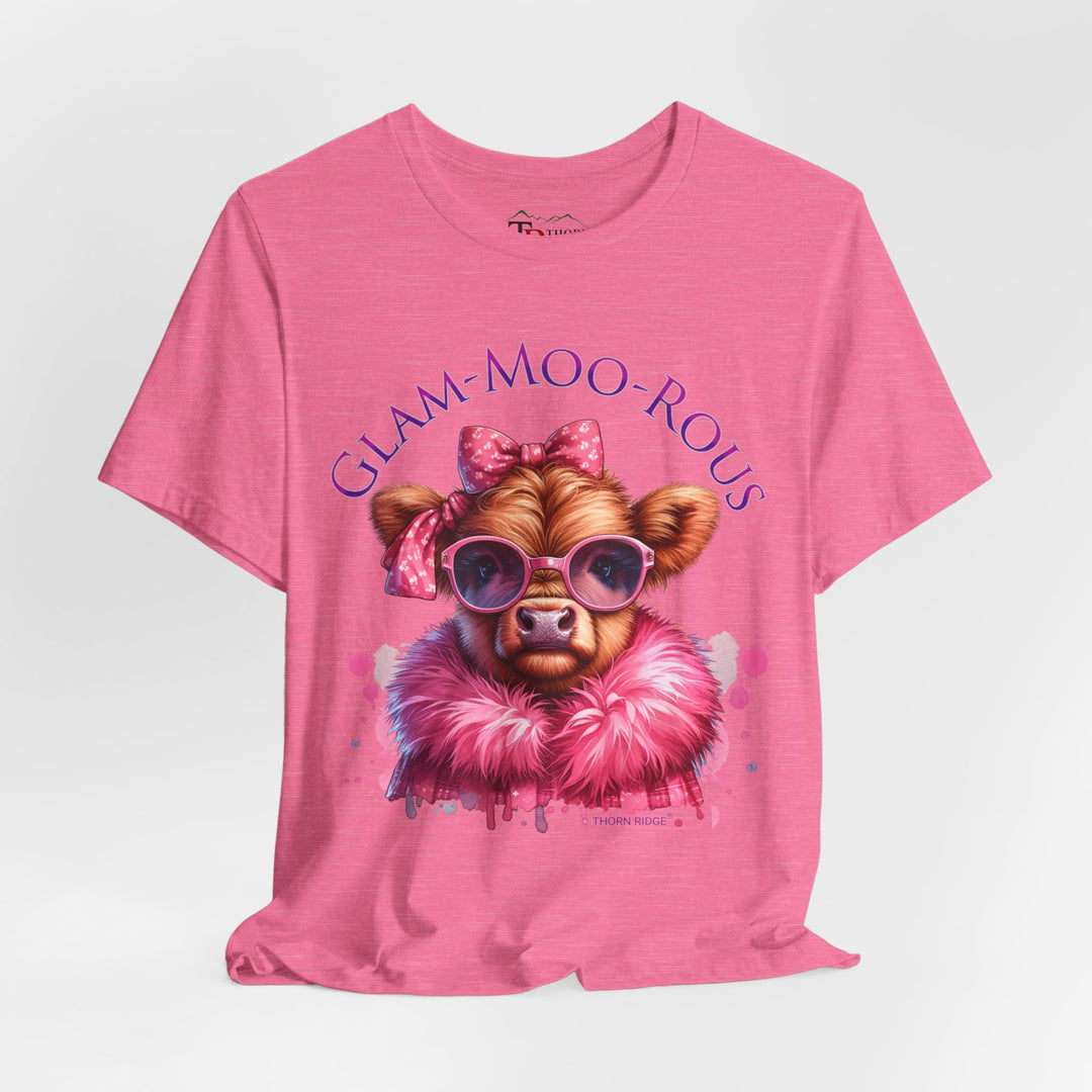 "Glam-Moo-Rous" Graphic Tee with a  Cow in Pink with pink sunglasses and pink bows on her head and a pink boa around her neck. Labeled Thorn Ridge®