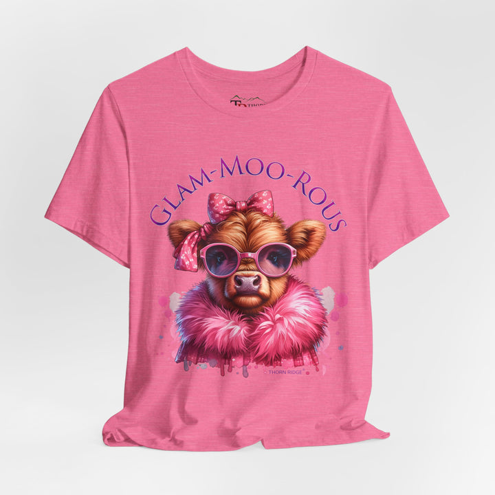 "Glam-Moo-Rous" Graphic Tee with a  Cow in Pink with pink sunglasses and pink bows on her head and a pink boa around her neck. Labeled Thorn Ridge®