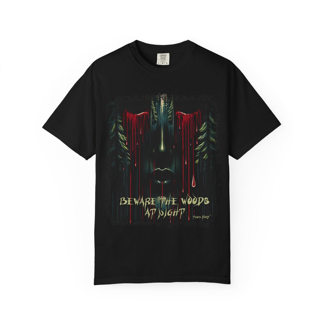 Beware The Woods At Night Graphic of a face emerging from the pines with blood dripping from the closed eyes and mouth. Halloween shirt. Labeled Thorn Ridge.
