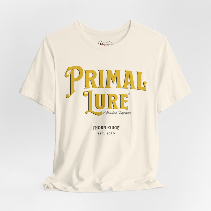 t-shirt with the text 'PRIMAL LURE' in bold yellow letters and 'THORN RIDGE EST. 2000' in smaller text below it.