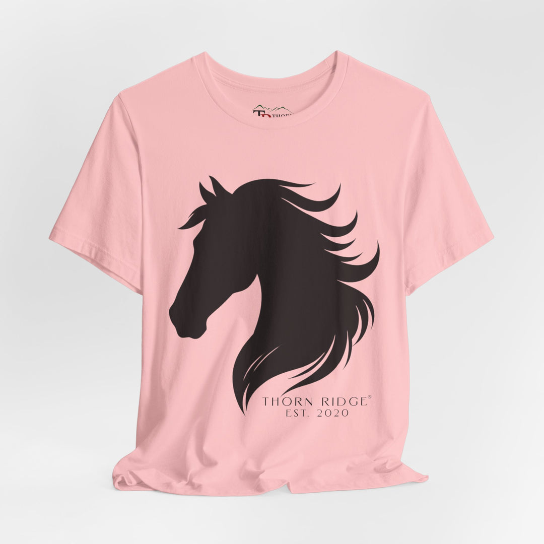 t-shirt with black horse silhouette and 'Thorn Ridge' branding