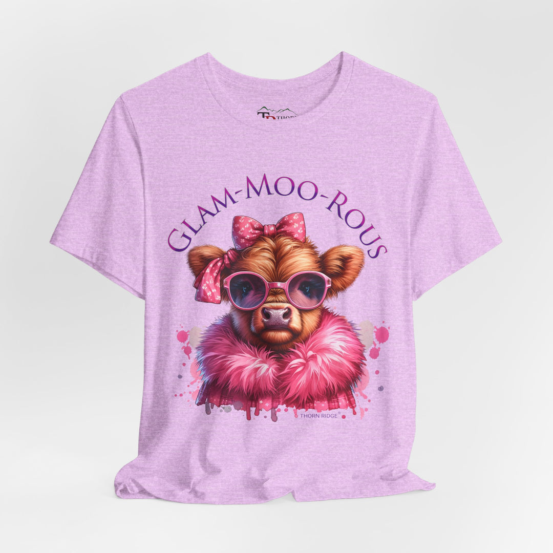 "Glam-Moo-Rous" Graphic Tee with a  Cow in Pink with pink sunglasses and pink bows on her head and a pink boa around her neck. Labeled Thorn Ridge®