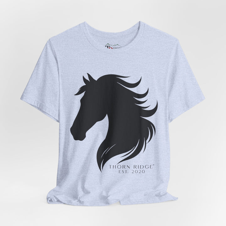 t-shirt with black horse silhouette and 'Thorn Ridge' branding