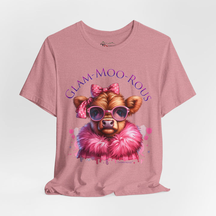 "Glam-Moo-Rous" Graphic Tee with a  Cow in Pink with pink sunglasses and pink bows on her head and a pink boa around her neck. Labeled Thorn Ridge®