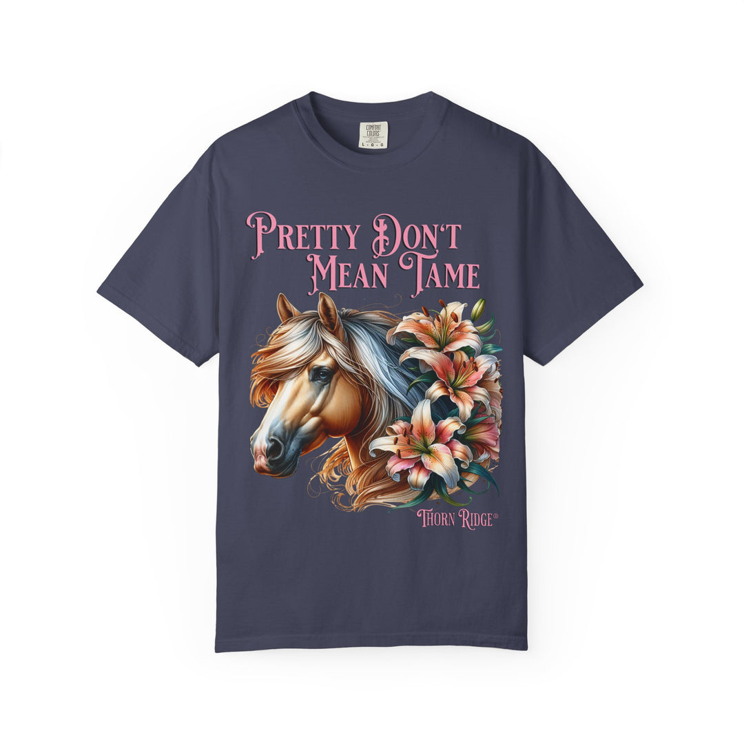 Pretty Don't Mean Tame graphic tee with a horse head and flowers branded to Thorn Ridge®