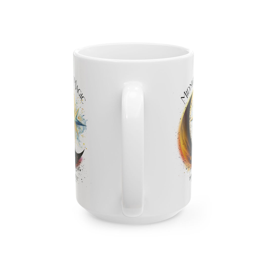 White mug with 'Midnight Magic' by Thorn Ridge® design featuring a moon and star