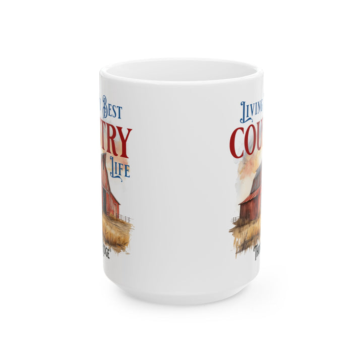 Mug with a barn illustration and text 'Living My Best Country Life' labeled Thorn Ridge®