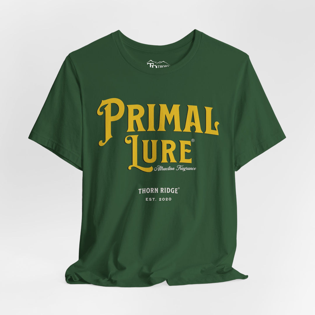 t-shirt with the text 'PRIMAL LURE' in bold yellow letters and 'THORN RIDGE EST. 2000' in smaller text below it.