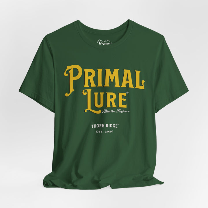 t-shirt with the text 'PRIMAL LURE' in bold yellow letters and 'THORN RIDGE EST. 2000' in smaller text below it.