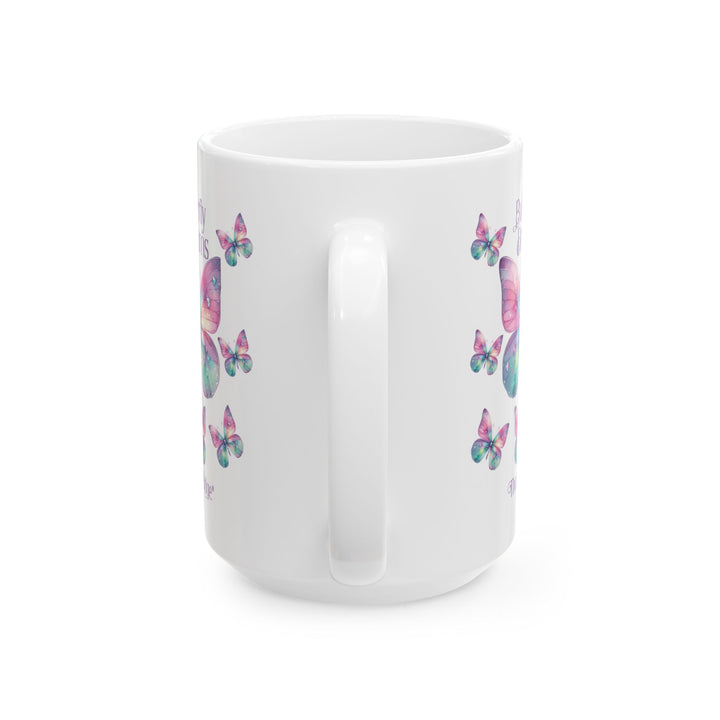 White mug with colorful butterfly design and 'Butterfly Dreams' text by Thorn Ridge®