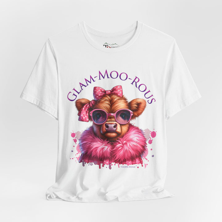 "Glam-Moo-Rous" Graphic Tee with a  Cow in Pink with pink sunglasses and pink bows on her head and a pink boa around her neck. Labeled Thorn Ridge®