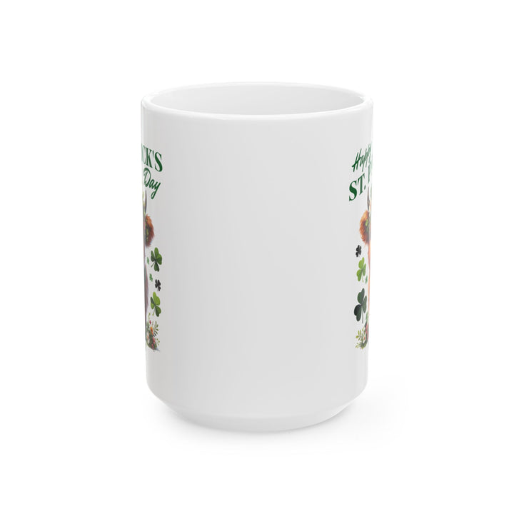 White mug with a design of a highland cow wearing a flower crown, surrounded by shamrocks, and 'Happy St. Patrick's Day' and Thorn Ridge®