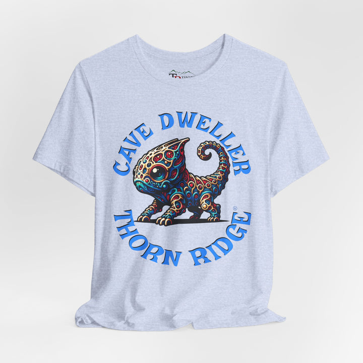 Cave Dweller funny lizard creature graphic tee labeled Thorn Ridge®