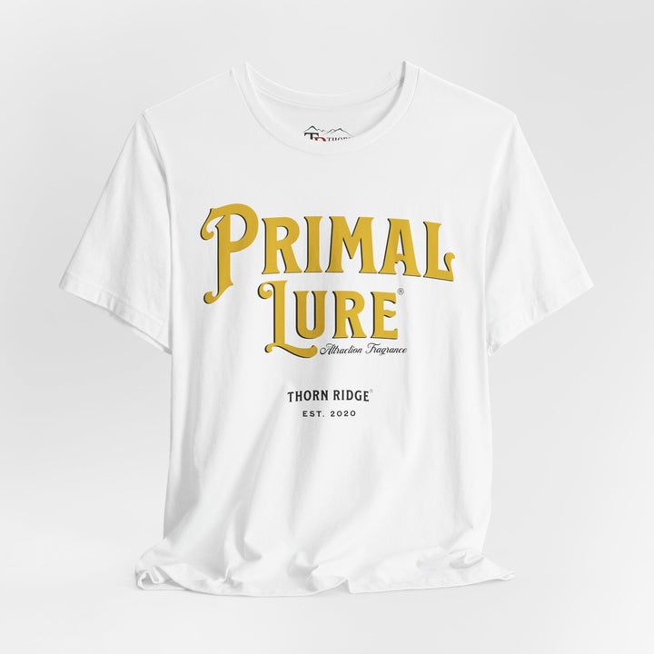 t-shirt with the text 'PRIMAL LURE' in bold yellow letters and 'THORN RIDGE EST. 2000' in smaller text below it.