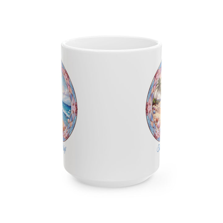 White mug with a beach scene design and 'Thorn Ridge' branding on a white background