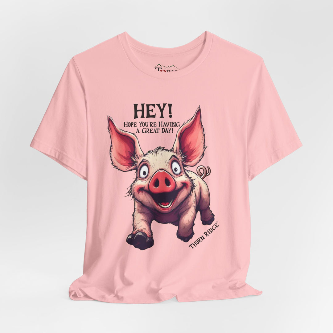 pig running toward you with ears flapping in the wind and the text Hey! Hope you're having a great day and labeled Thorn Ridge®