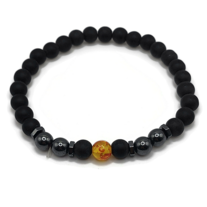 Lava stone anklet or wristletwith hematite and an amber stone with spacer decorations.