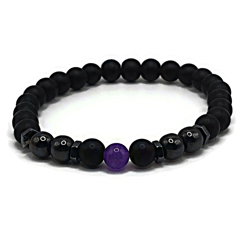 Lava stone anklet or wristlet with hematite and an amethyst stone with spacer decorations.