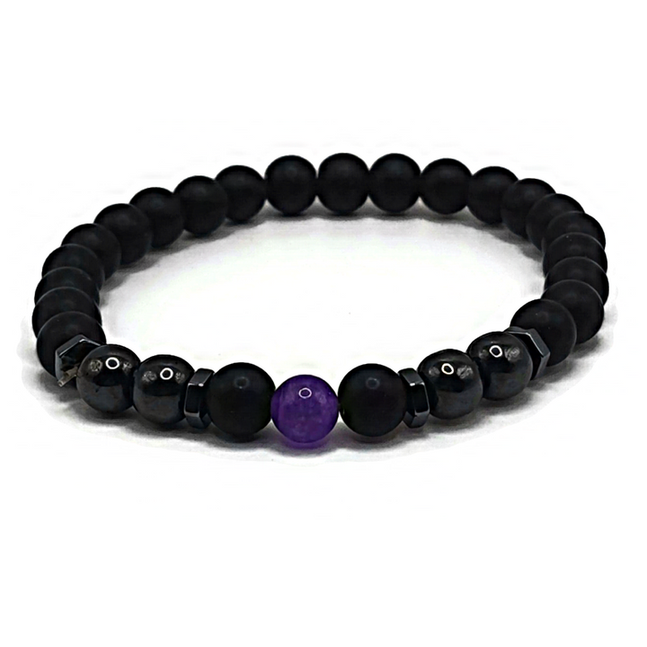 Lava stone anklet or wristlet with hematite and an amethyst stone with spacer decorations.