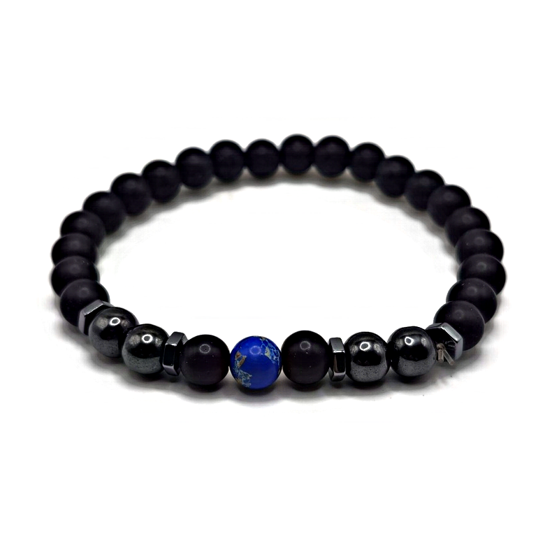 Lava stone anklet or wristletwith hematite and a blue emperor stone with spacer decorations.