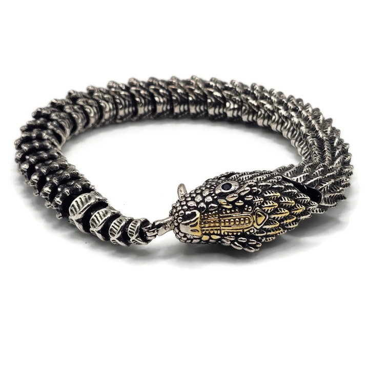 Dragon snake style metal alloy bracelet in silver and gold.