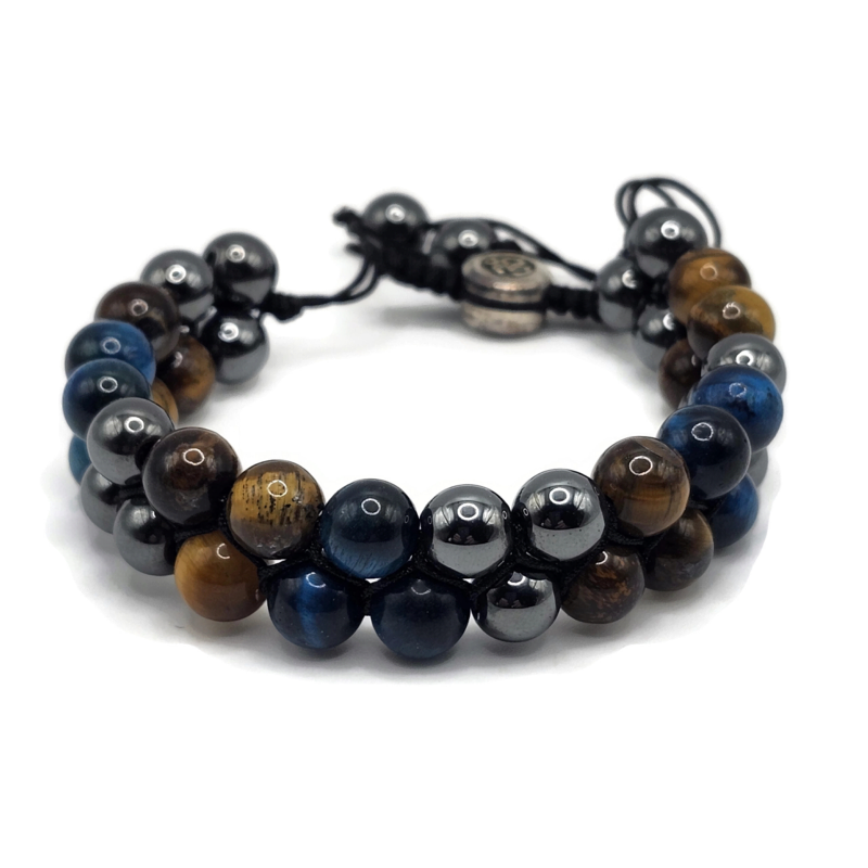Two Layer Adjustable Magnetic Gemstone Bracelet made with tiger eye, hematite, and blue tiger eye. On an adjustable black cord.