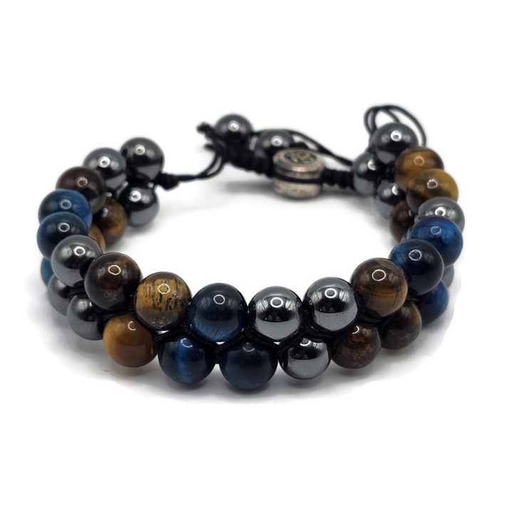 Two Layer Adjustable Magnetic Gemstone Bracelet made with tiger eye, hematite, and blue tiger eye. On an adjustable black cord.