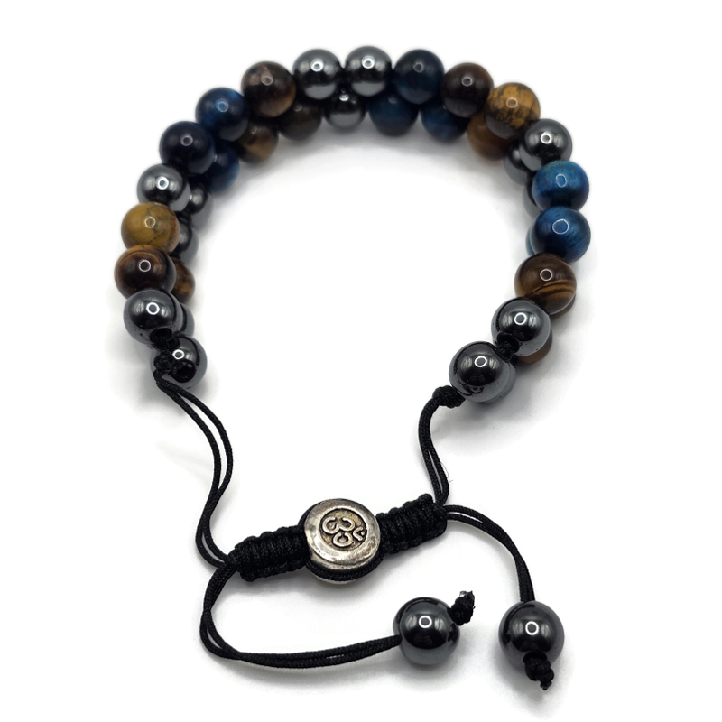 Two Layer Adjustable Magnetic Gemstone Bracelet made with tiger eye, hematite, and blue tiger eye. On an adjustable black cord.