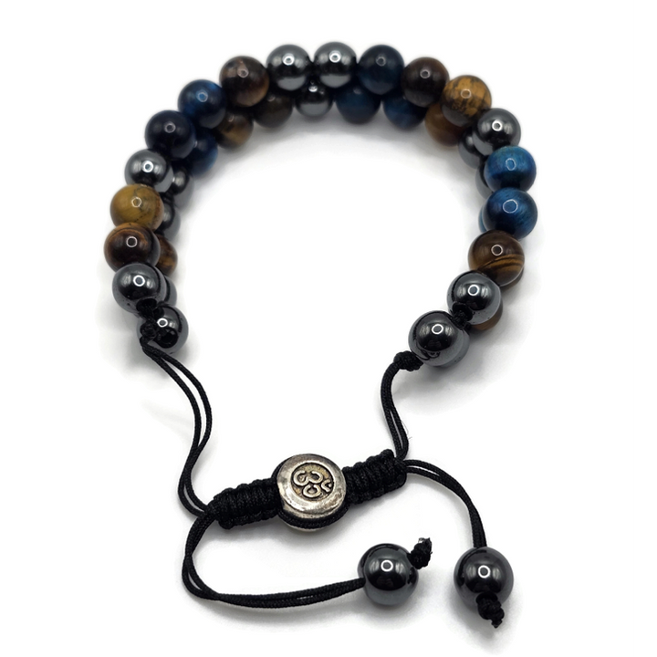 Two Layer Adjustable Magnetic Gemstone Bracelet made with tiger eye, hematite, and blue tiger eye. On an adjustable black cord.