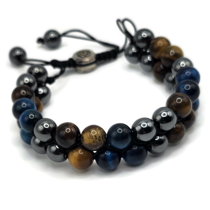 Two Layer Adjustable Magnetic Gemstone Bracelet made with tiger eye, hematite, and blue tiger eye. On an adjustable black cord.