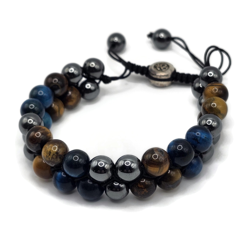 Two Layer Adjustable Magnetic Gemstone Bracelet made with tiger eye, hematite, and blue tiger eye. On an adjustable black cord.