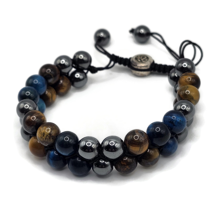 Two Layer Adjustable Magnetic Gemstone Bracelet made with tiger eye, hematite, and blue tiger eye. On an adjustable black cord.