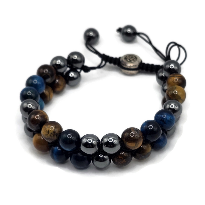 Two Layer Adjustable Magnetic Gemstone Bracelet made with tiger eye, hematite, and blue tiger eye. On an adjustable black cord.