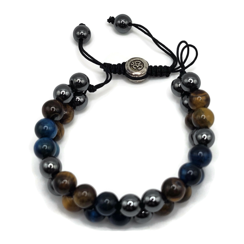 Two Layer Adjustable Magnetic Gemstone Bracelet made with tiger eye, hematite, and blue tiger eye. On an adjustable black cord.