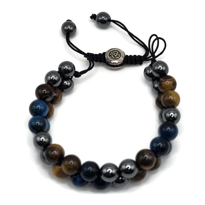 Two Layer Adjustable Magnetic Gemstone Bracelet made with tiger eye, hematite, and blue tiger eye. On an adjustable black cord.
