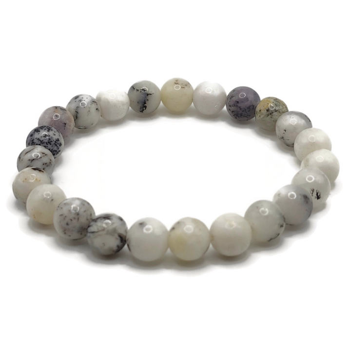 A white opal bracelet beaded on elastic.