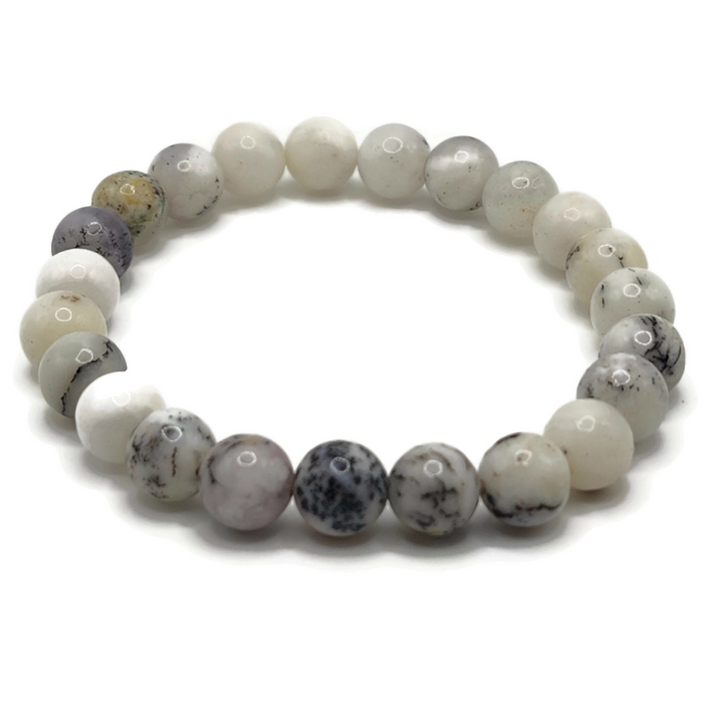 A white opal bracelet beaded on elastic.