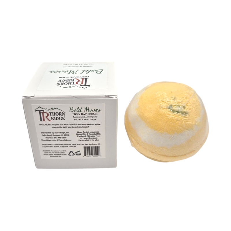 Bold Moves bath bomb back with box packaging.