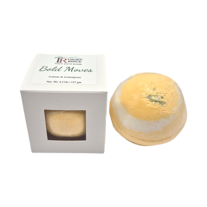 Bold Moves bath bomb front with box packaging.