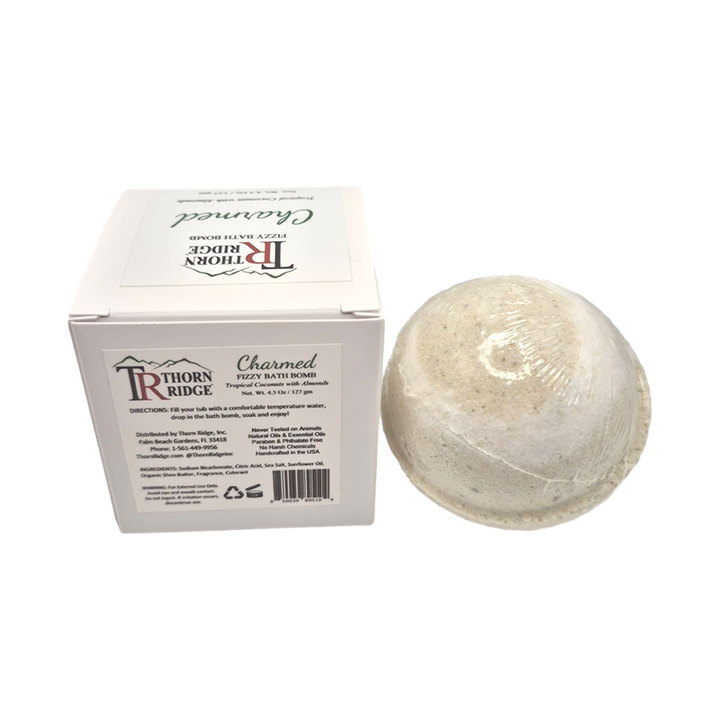 Charmed bath bomb back with box packaging.