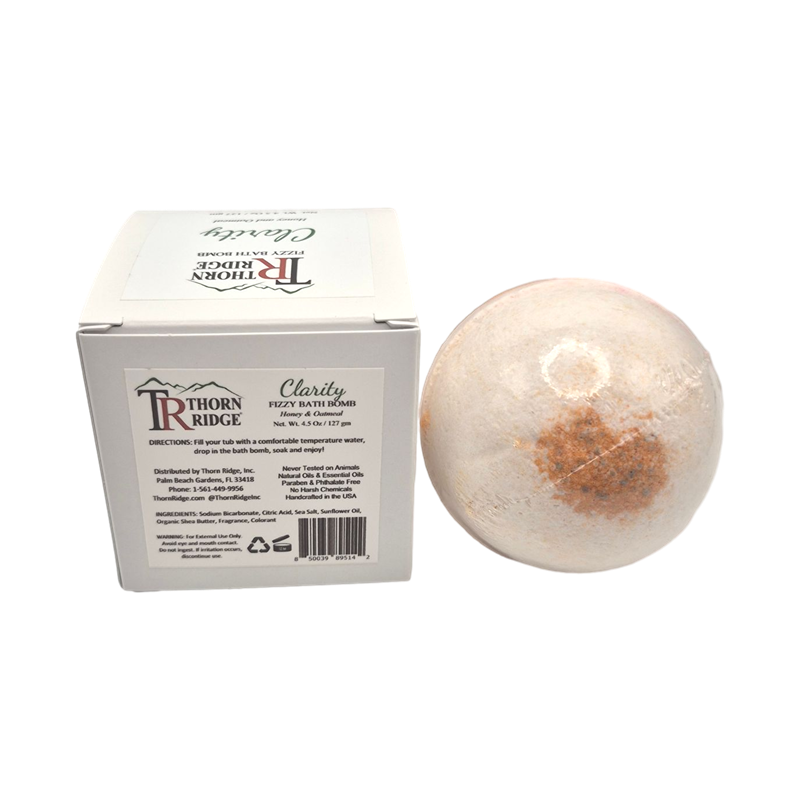 Clarity bath bomb back with box packaging.